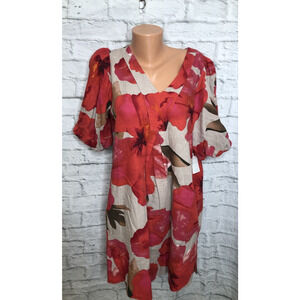 Cynthia Rowley Red Floral V-Neck Linen Dress Cover-up Womens Size M NWT